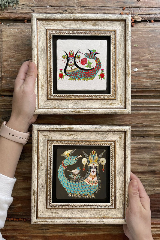 Framed Stone Wall Decoration Painting 8" x 8" Set of 2 (1213-1046) Şahmeran Şahmeran