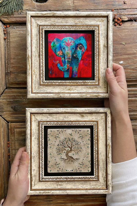 Framed Stone Wall Decoration Painting 8" x 8" Set of 2 (540-1488) Tree of Life Elephant