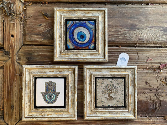 Framed Stone Wall Decoration Painting Set of 3 8" x 8" Fatma Mother Evil Eye Tree of Life