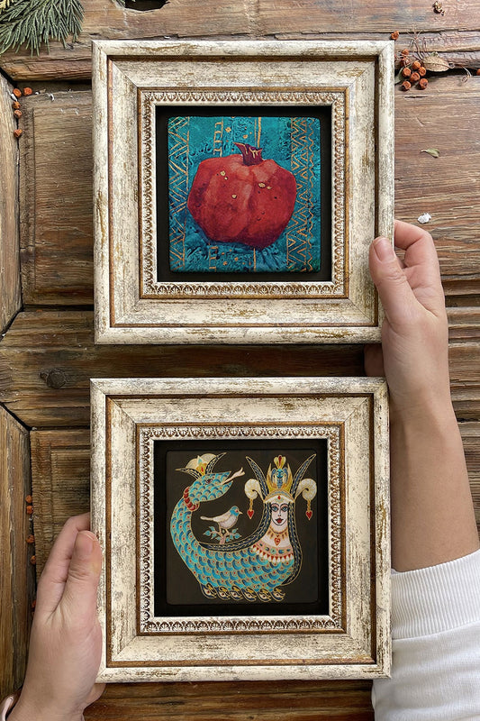 Framed Stone Wall Decoration Painting 8" x 8" Set of 2 (480-1213) Nar Şahmeran