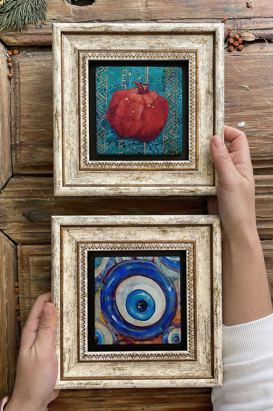 Framed Stone Wall Decoration Painting 8" x 8" Set of 2 (480-1481) Pomegranate Evil Eye Beads