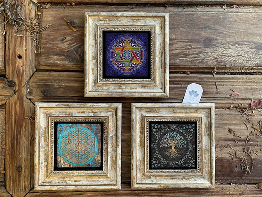 Framed Stone Wall Decoration Painting Set of 3 8" x 8" Flower of Life Tree of Life Lotus