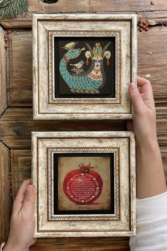 Framed Stone Wall Decoration Painting 8" x 8" Set of 2 (1104-1213) Bereket Şahmeran
