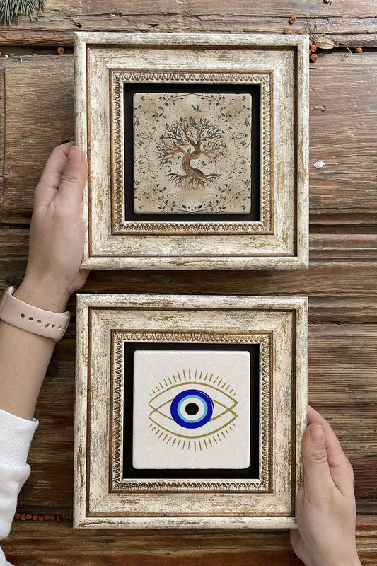 Framed Stone Wall Decoration Painting 8" x 8" Set of 2 (540-1503) Tree of Life Evil Eye