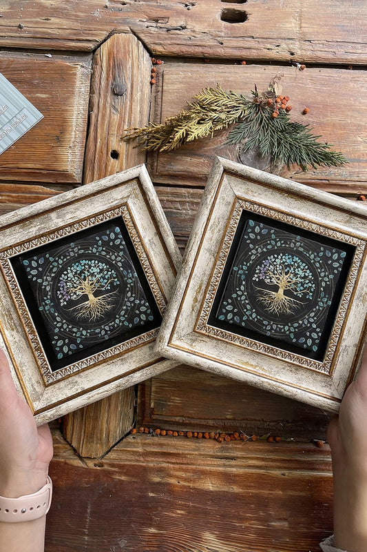 Framed Stone Wall Decoration Painting 8" x 8" Set of 2 Black Tree of Life