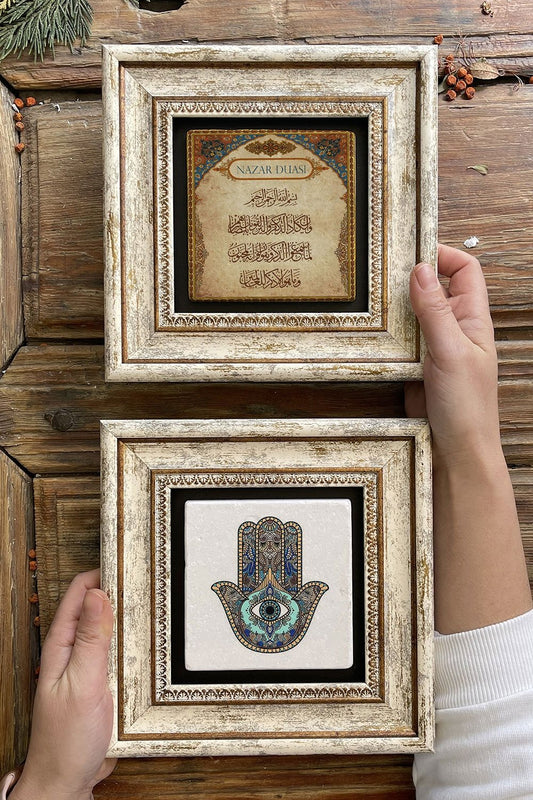 Framed Stone Wall Decoration Painting 8" x 8" Set of 2 (114-464) Fatma Ana Evil Eye Prayer