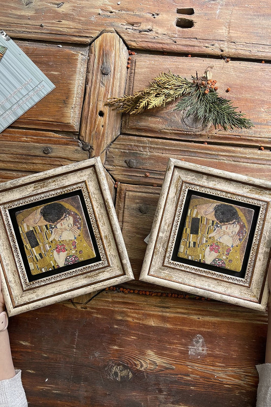 Framed Stone Wall Decoration Painting 8" x 8" Set of 2 Gustav Klimt The Last Kiss