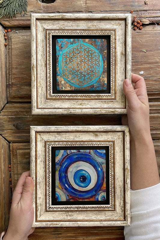 Framed Stone Wall Decoration Painting 8" x 8" Set of 2 (1090-1481) Life Evil Eye Bead