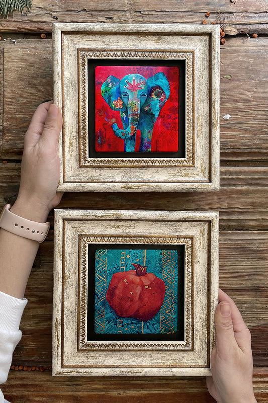 Framed Stone Wall Decoration Painting 8" x 8" Set of 2 (480-1488) Pomegranate Elephant