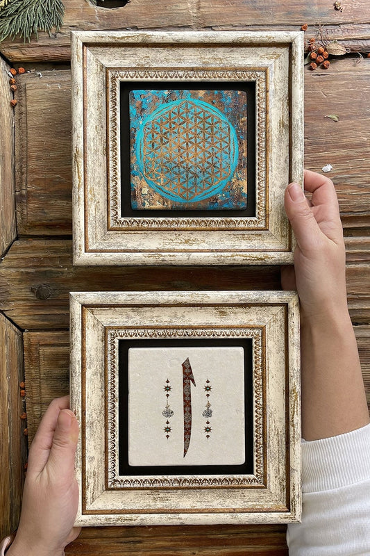 Framed Stone Wall Decoration Painting 8" x 8" Set of 2 (1090-321) Flower of Life Elif