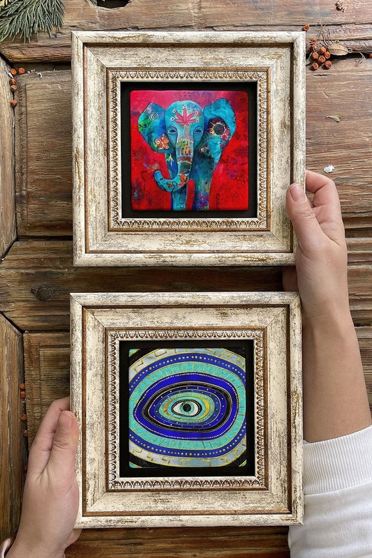 Framed Stone Wall Decoration Painting 8" x 8" Set of 2 (1100-1488) Evil Eye Elephant