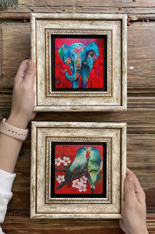 Framed Stone Wall Decoration Painting 8" x 8" Set of 2 (1488-1230) Elephant Bird