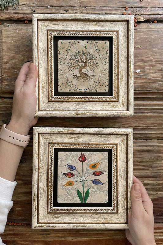 Framed Stone Wall Decoration Painting 8" x 8" Set of 2 (540-499) Tree of Life Ebruli