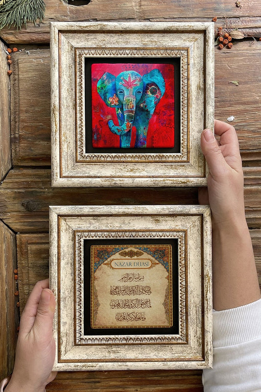Framed Stone Wall Decoration Painting 8" x 8" Set of 2 (464-1488) Evil Eye Prayer Elephant