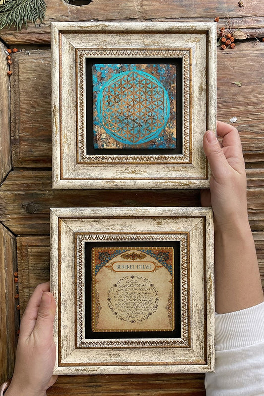 Framed Stone Wall Decoration Painting 8" x 8" Set of 2 (1090-462) Flower of Life Abundance