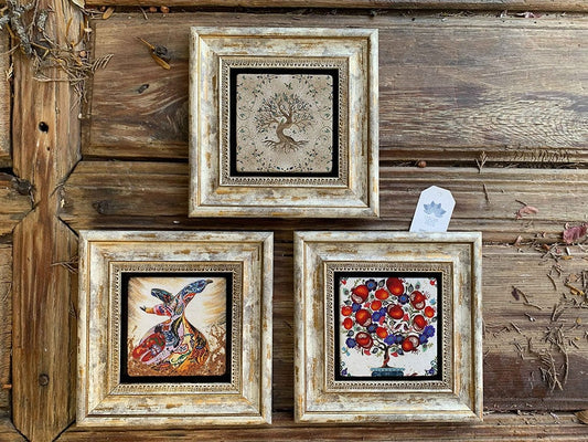 Framed Stone Wall Decoration Painting Set of 3 8" x 8" Tree of Life Whirling Dervish Pomegranate Tree