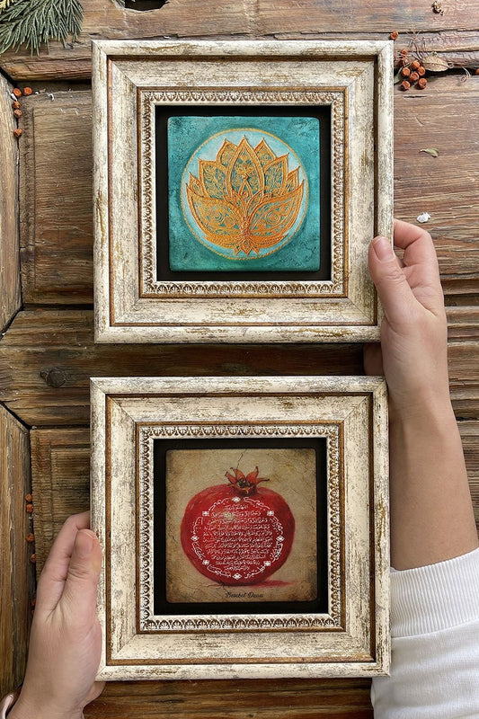 Framed Stone Wall Decoration Painting 8" x 8" Set of 2 (1104-1077) Abundance Pomegranate Lotus