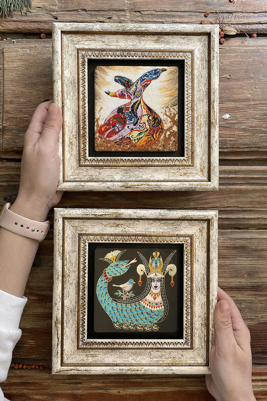 Framed Stone Wall Decoration Painting 8" x 8" Set of 2 (1213-60) Shahmaran Whirling Dervish