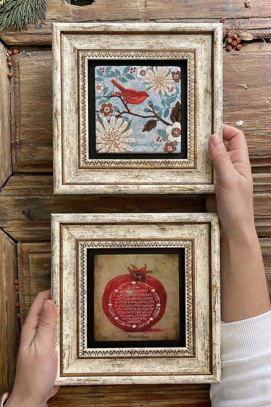Framed Stone Wall Decoration Painting 8" x 8" Set of 2 (1104-1259) Bereket Nar Kuş