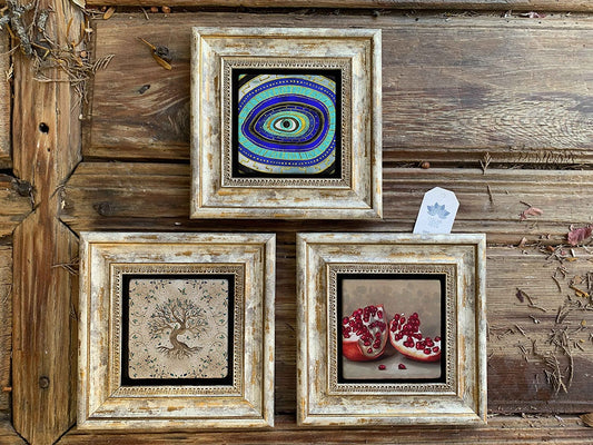 Framed Stone Wall Decoration Painting Set of 3 8" x 8" Life Tree Pomegranate Evil Eye