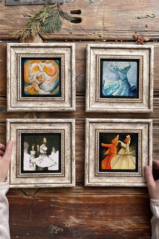 Framed Stone Painting Wall Decoration 8" x 8" Set of 4 Whirling Dervish Set