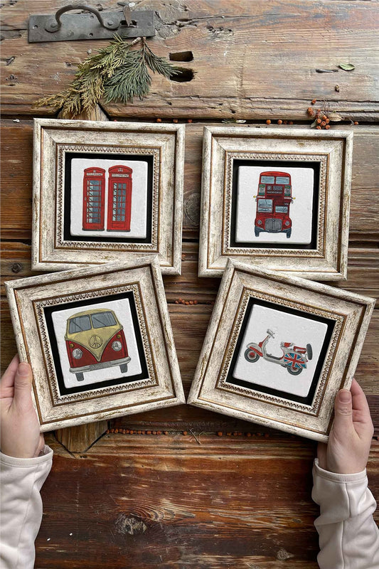 Framed Stone Painting Wall Decoration 8" x 8" Set of 4 London Set