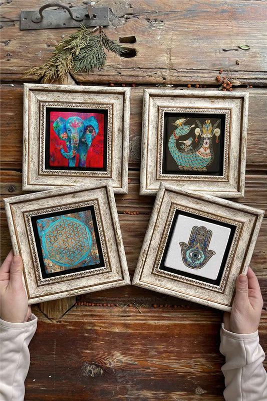 Framed Stone Painting 8" x 8" Set of 4(1488-1213-1090-114)Elephant Shahmaran Flower of Life