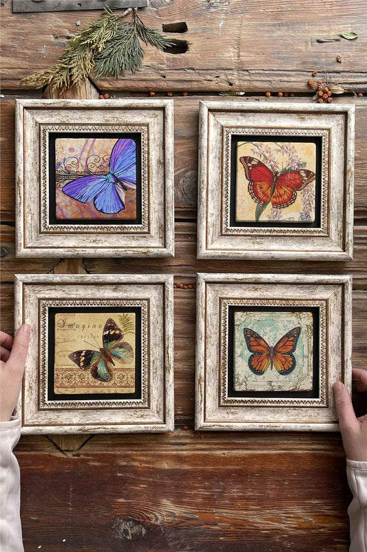 Framed Stone Painting Wall Decoration 8" x 8" Set of 4