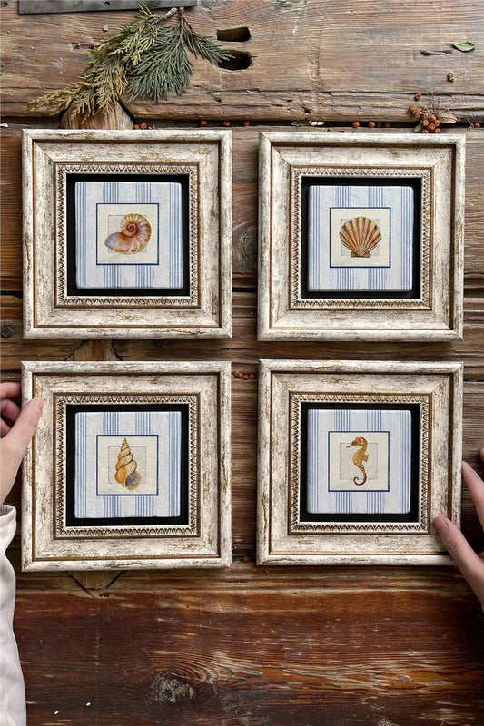 Framed Stone Painting Wall Decoration 8" x 8" Set of 4