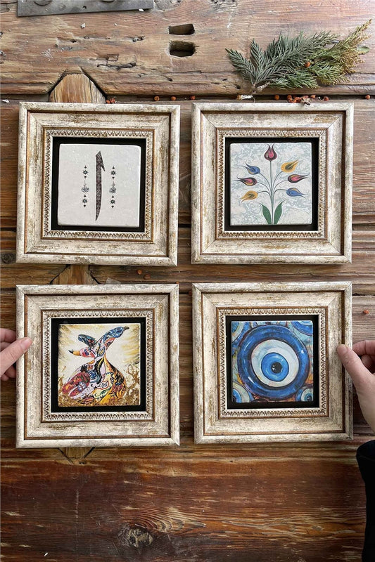 Framed Stone Painting 8" x 8" Set of 4(321-499-60-1481)Elif Ebruli Whirling Dervish Evil Eye