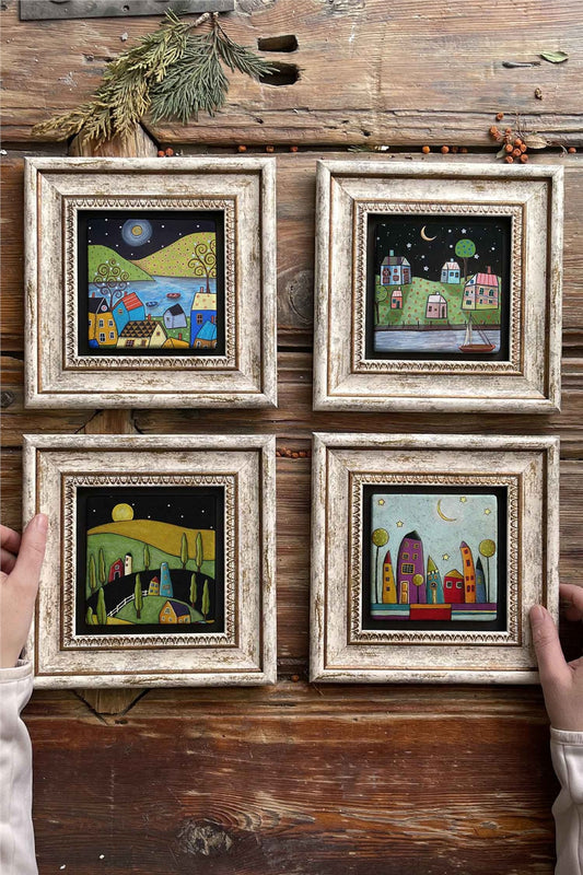 Framed Stone Painting Wall Decoration 8" x 8" Set of 4