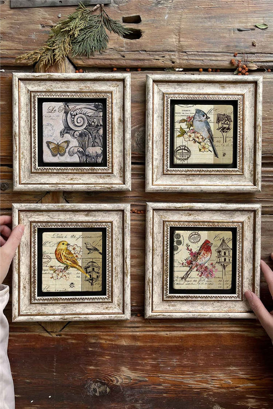 Framed Stone Painting Wall Decoration 8" x 8" Set of 4 Birds