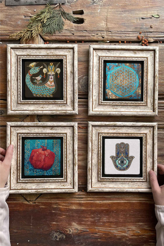 Framed Stone Painting 8" x 8" Set of 4(1213-1090-480-114)Şahmeran Nar Fatma Ana