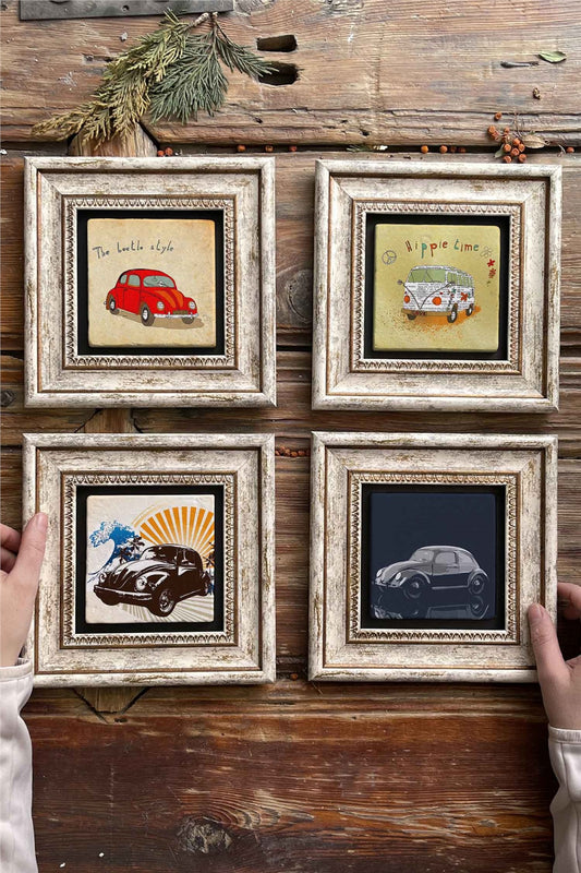 Framed Stone Painting Wall Decoration 8" x 8" Set of 4 Vosvos Tortoise Buggy