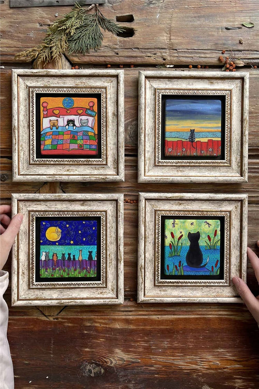 Framed Stone Painting Wall Decoration 8" x 8" Set of 4 Cat Set Cat Set