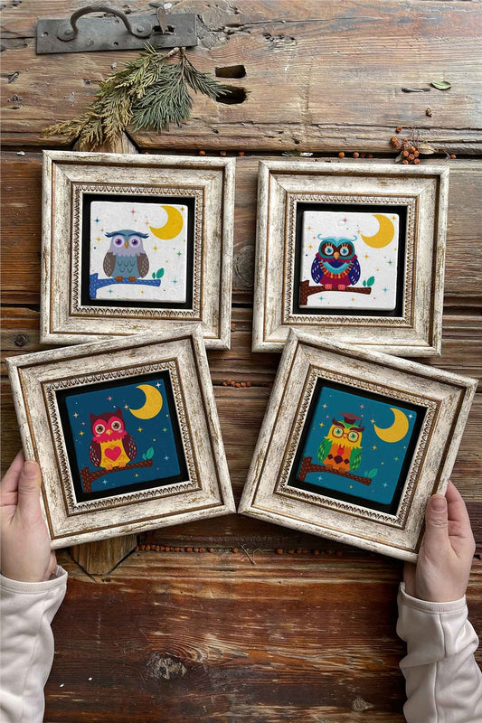 Framed Stone Painting Wall Decoration 8" x 8" Set of 4 Owl Set