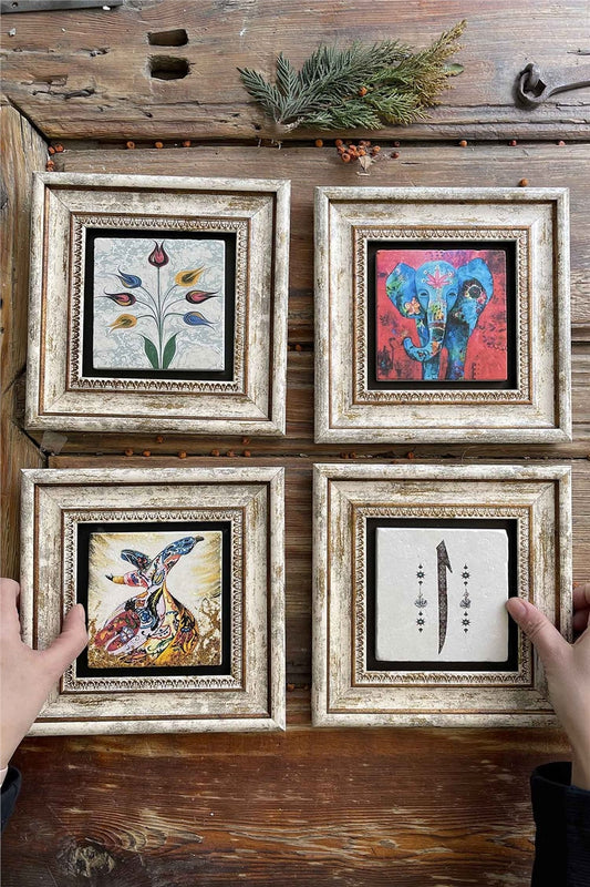 Framed Stone Painting 8" x 8" Set of 4(499-1488-60-321)Marbled Ebruli Elephant Whirling Dervish Elif