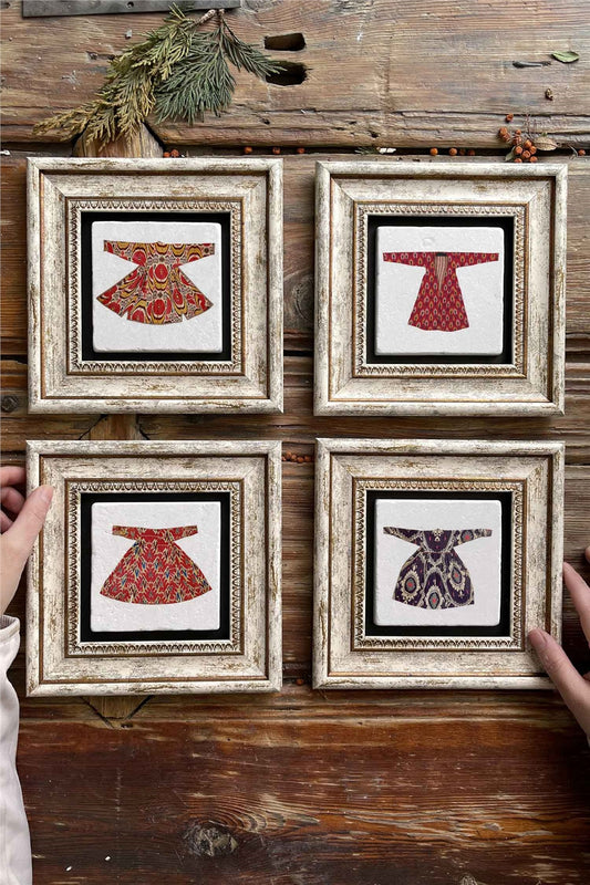 Framed Stone Painting Wall Decoration 8" x 8" Set of 4 Ottoman Kaftan Set