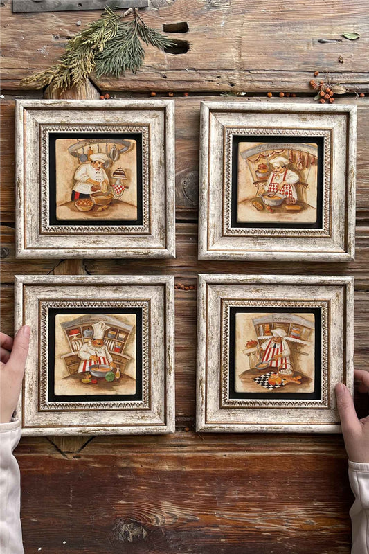Framed Stone Painting Wall Decoration 8" x 8" Set of 4 Chef Kitchen Paintings