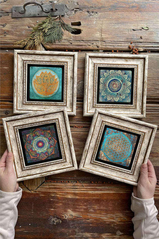 Framed Stone Painting Wall Decoration 8" x 8" Set of 4 Lotus Flower