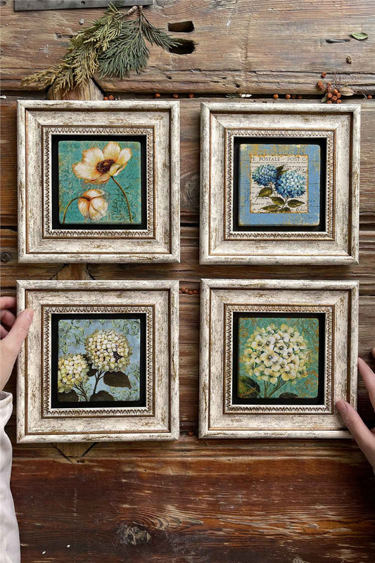 Framed Stone Painting Wall Decoration 8" x 8" Set of 4 Hydrangea Set