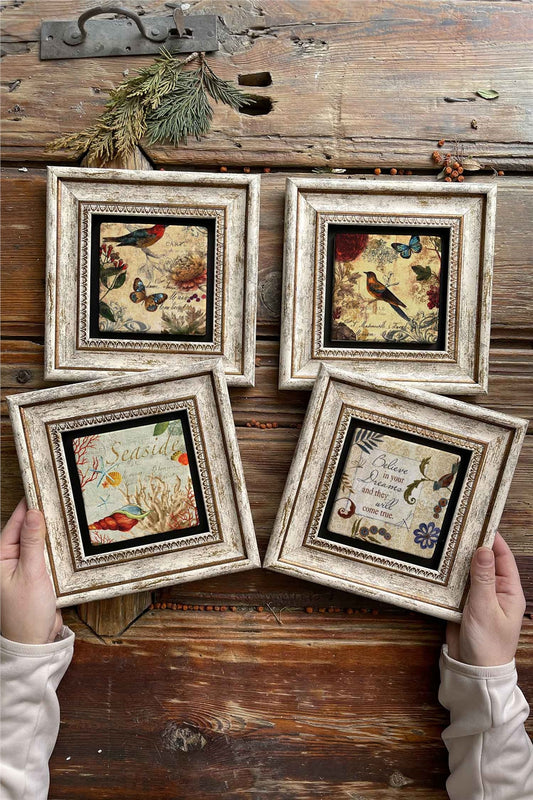 Framed Stone Painting Wall Decoration 8" x 8" Set of 4 Bird Set
