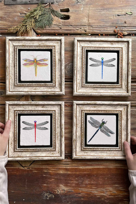 Framed Stone Painting Wall Decoration 8" x 8" Set of 4 Dragonfly Dragonfly Set