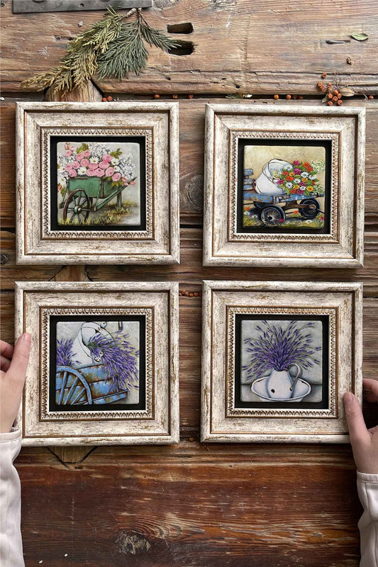 Framed Stone Painting Wall Decoration 8" x 8" Set of 4