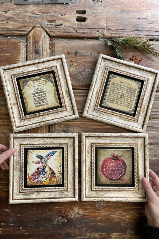 Framed Stone Painting 8" x 8" Set of 4(463-538-60-1104)Verse Esmaül Whirling Dervish Bereket