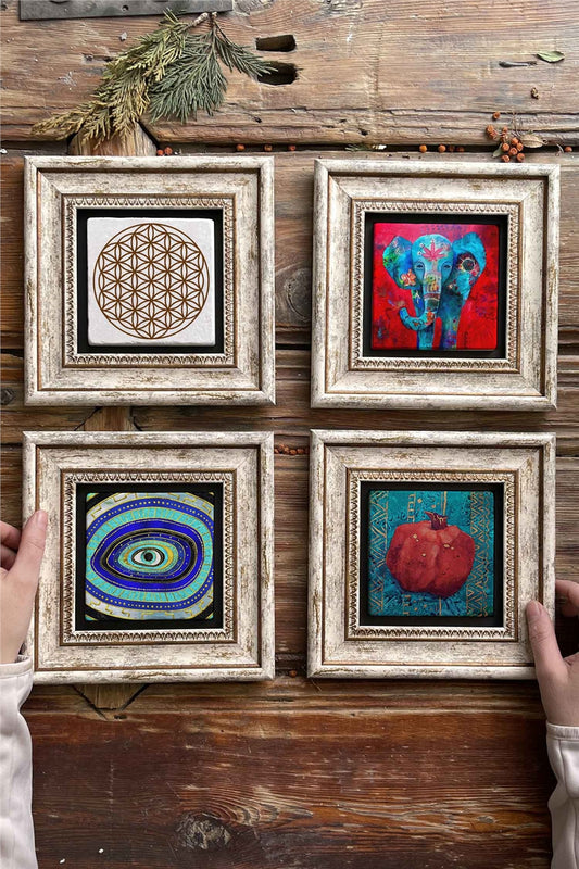 Framed Stone Painting 8" x 8" Set of 4(7774-1488-1100-480)Life Flower Elephant Evil Eye Pomegranate