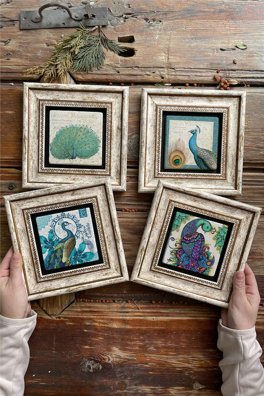 Framed Stone Painting Wall Decoration 8" x 8" Set of 4