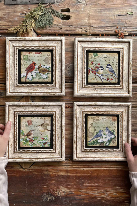 Framed Stone Painting Wall Decoration 8" x 8" Set of 4 Bird Set