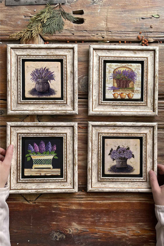 Framed Stone Painting Wall Decoration 8" x 8" Set of 4