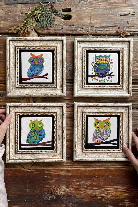 Framed Stone Painting Wall Decoration 8" x 8" Set of 4 Owl Set